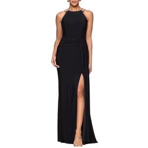 XSCAPE Halter Neck Gown Gold Metal Chain Straps Black Knit Sleeveless Size 4